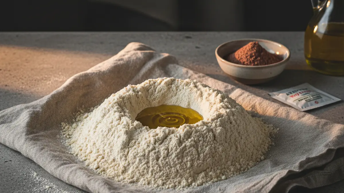 Ingrediënten voor glutenvrij pizzadeeg op een houten werkblad