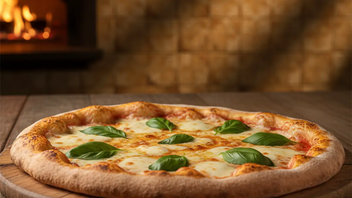 Versgebakken glutenvrije pizza met tomatensaus en gesmolten kaas