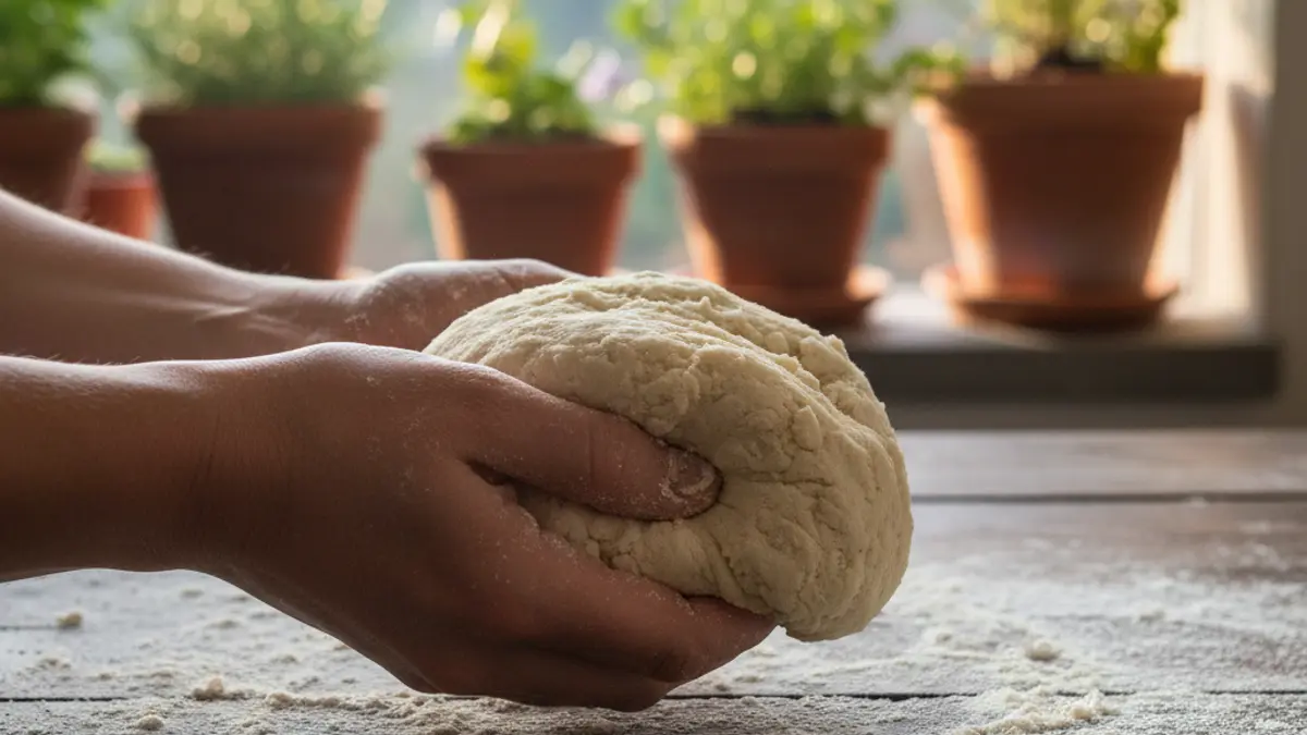 Kruimelig glutenvrij deeg op het werkblad