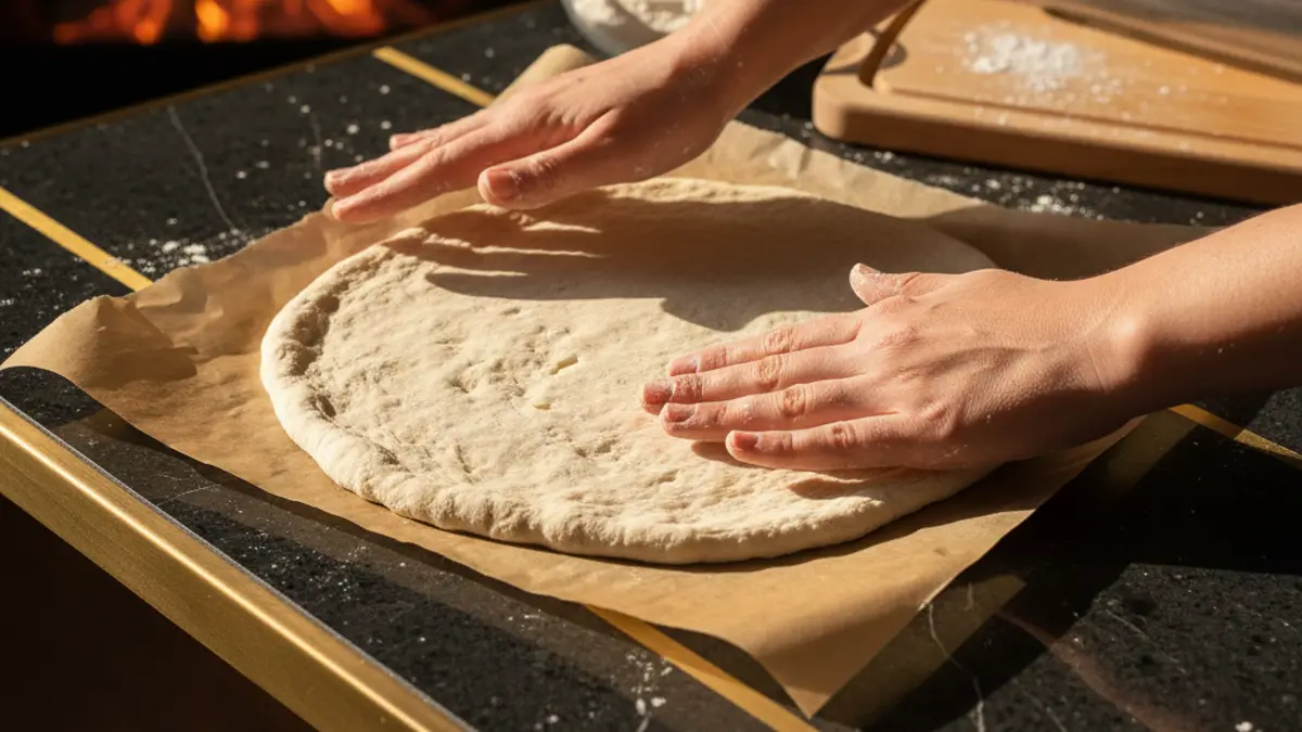 Glutenvrij pizzadeeg uitdrukken op bakpapier