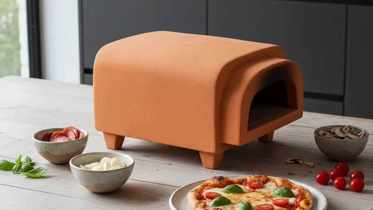 Terracotta mini pizzaoven op een gezellig gedekte eettafel