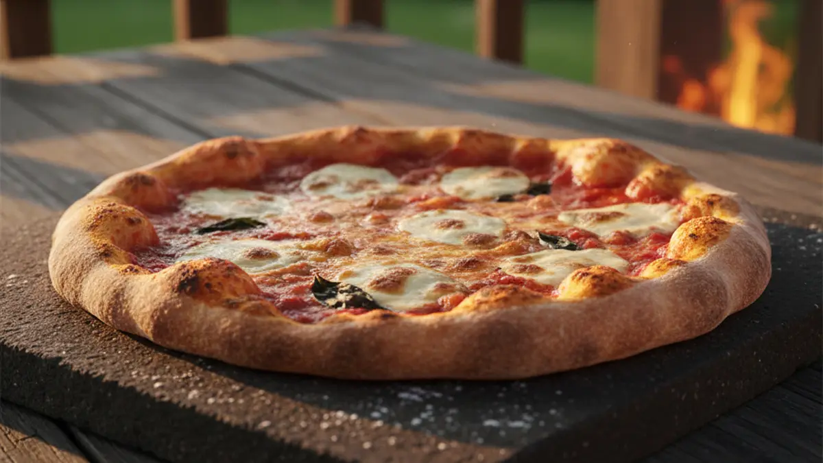 Verse pizza die bakt op een pizzasteen in de oven