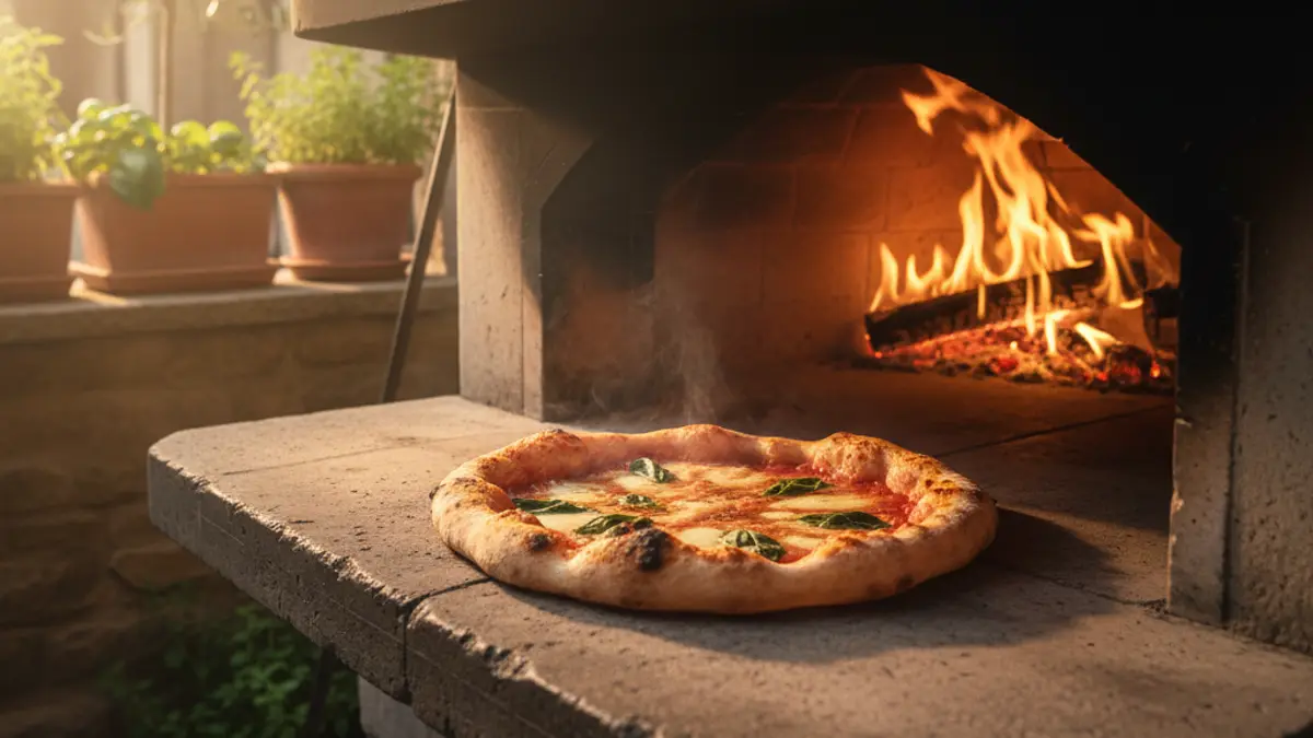 Napolitaanse pizza in een hete buitenoven met vlammen