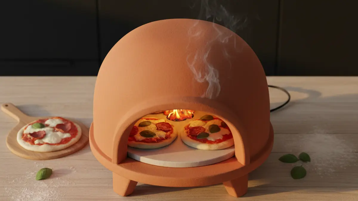 Terracotta mini pizzaoven die opwarmt op een gezellig gedekte eettafel