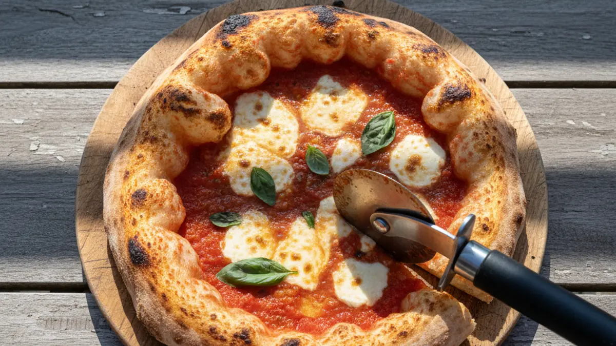 Krokante vers gebakken pizza die aangesneden wordt op een houten plank