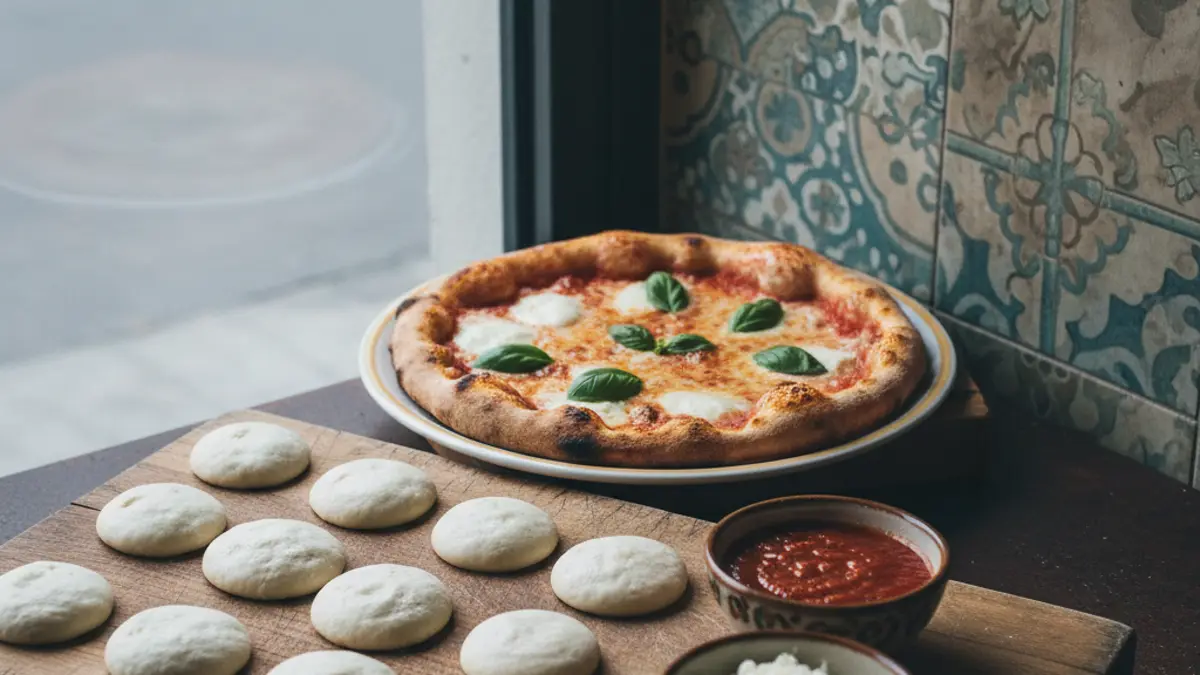 Kleine porties pizzadeeg en schaaltjes met ingrediënten op een houten werkblad