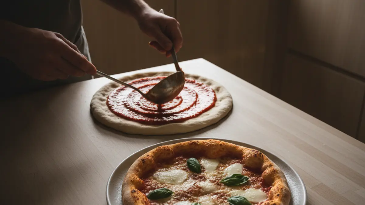 Pizzasaus uitsmeren met een sauslepel over een pizzabodem