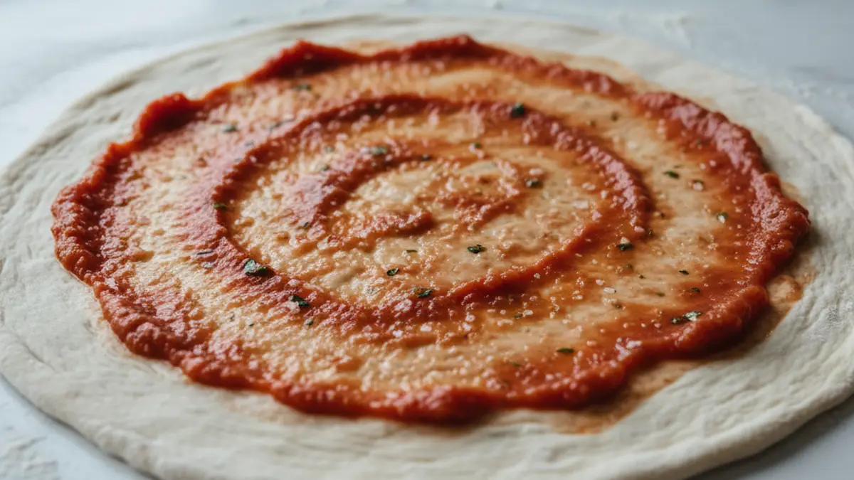 Pizzabodem met een gelijkmatige laag rode tomatensaus en vrije rand