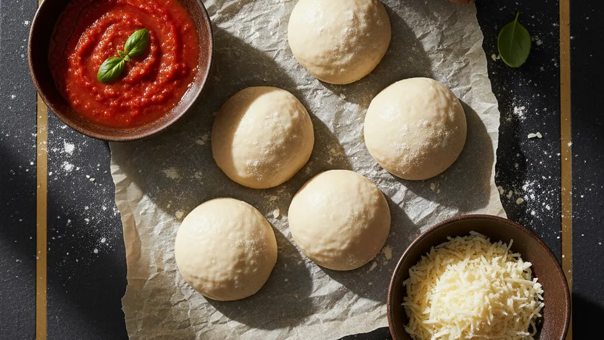 Uitgestoken rondjes pizzadeeg klaar voor gebruik op tafel