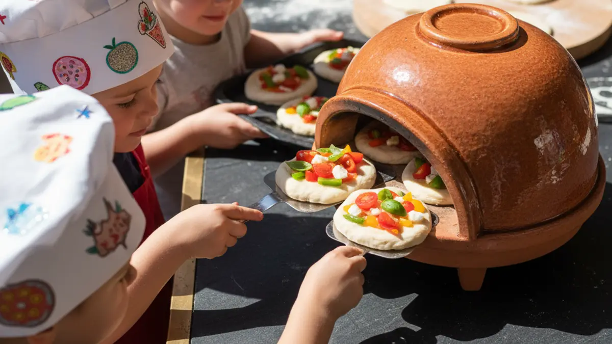 Kinderen met koksmutsen bakken mini pizza's in een tafeloven