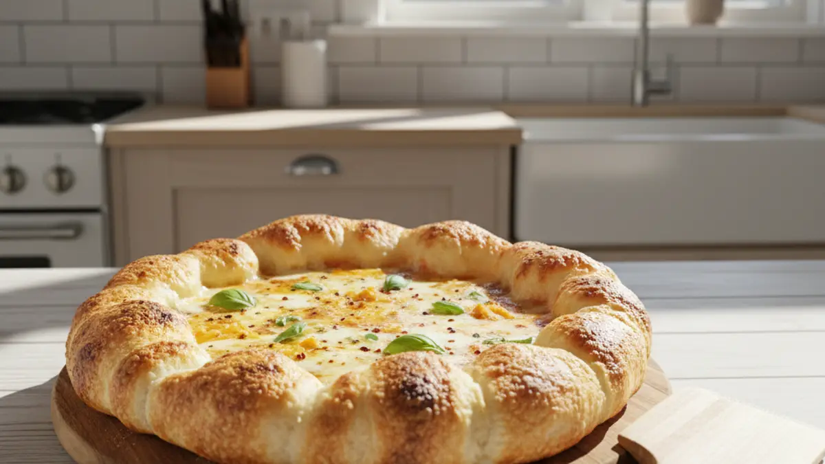 Versgebakken kleine kinderpizza op een houten serveerplank