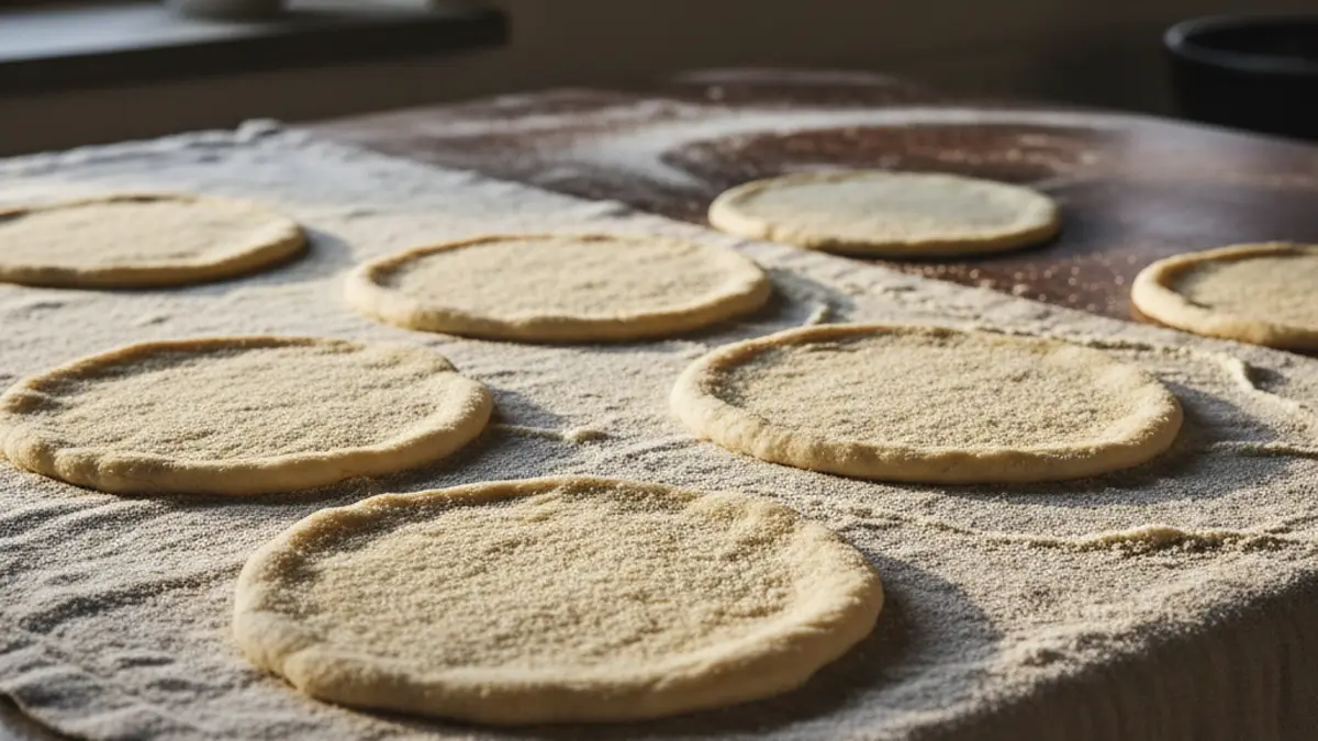 Verse kleine pizzabodems bestrooid met semola op een houten werkblad