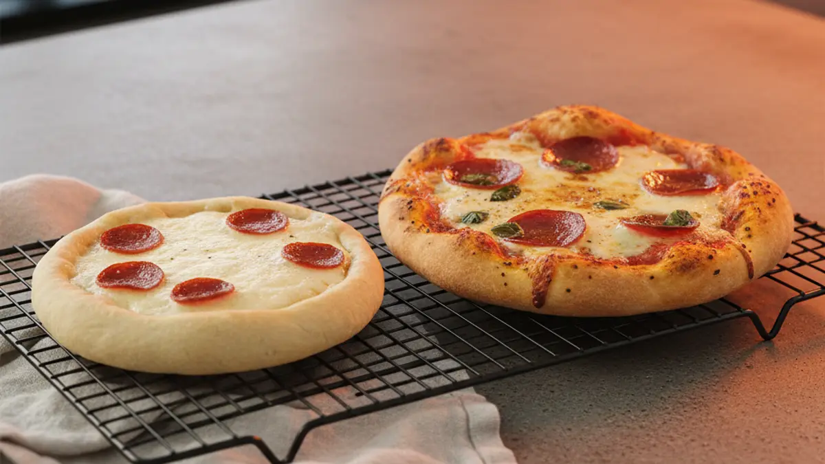 Vergelijking tussen een zelfgemaakte mini pizza en een supermarkt variant