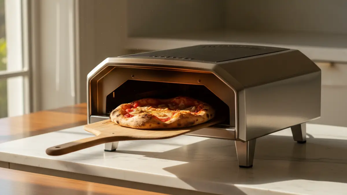 Compacte mini pizzaoven op een houten eettafel