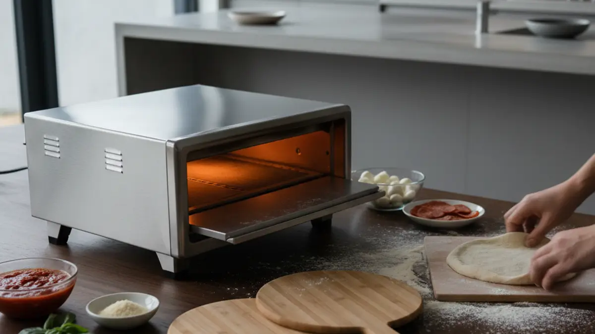 Mini pizza oven op een houten eettafel met kleine spatels en ingrediënten