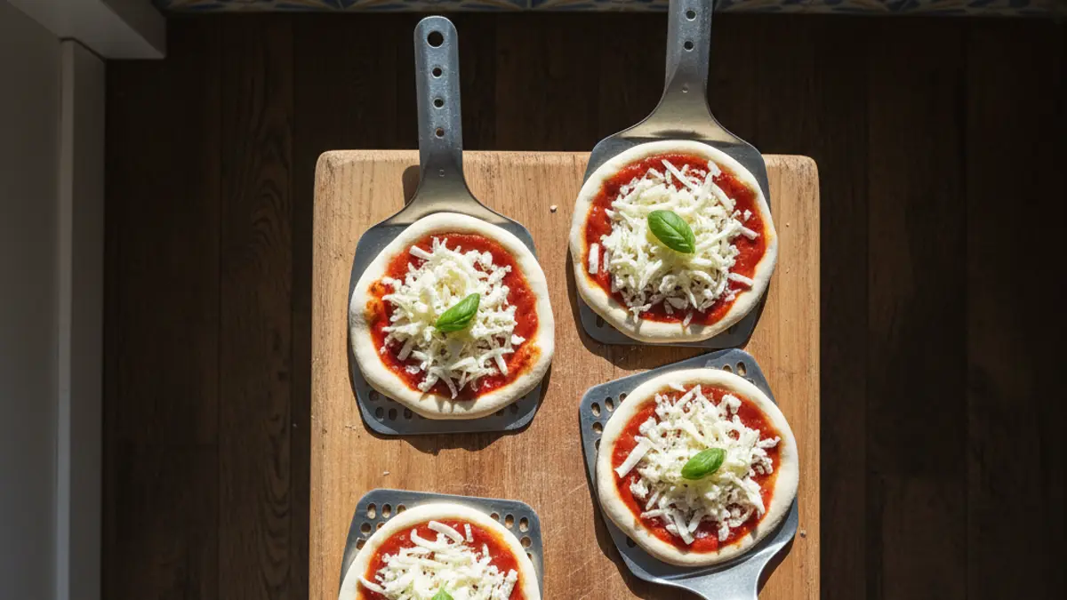 Kleine ongebakken mini pizza's op individuele spatels klaar voor de oven