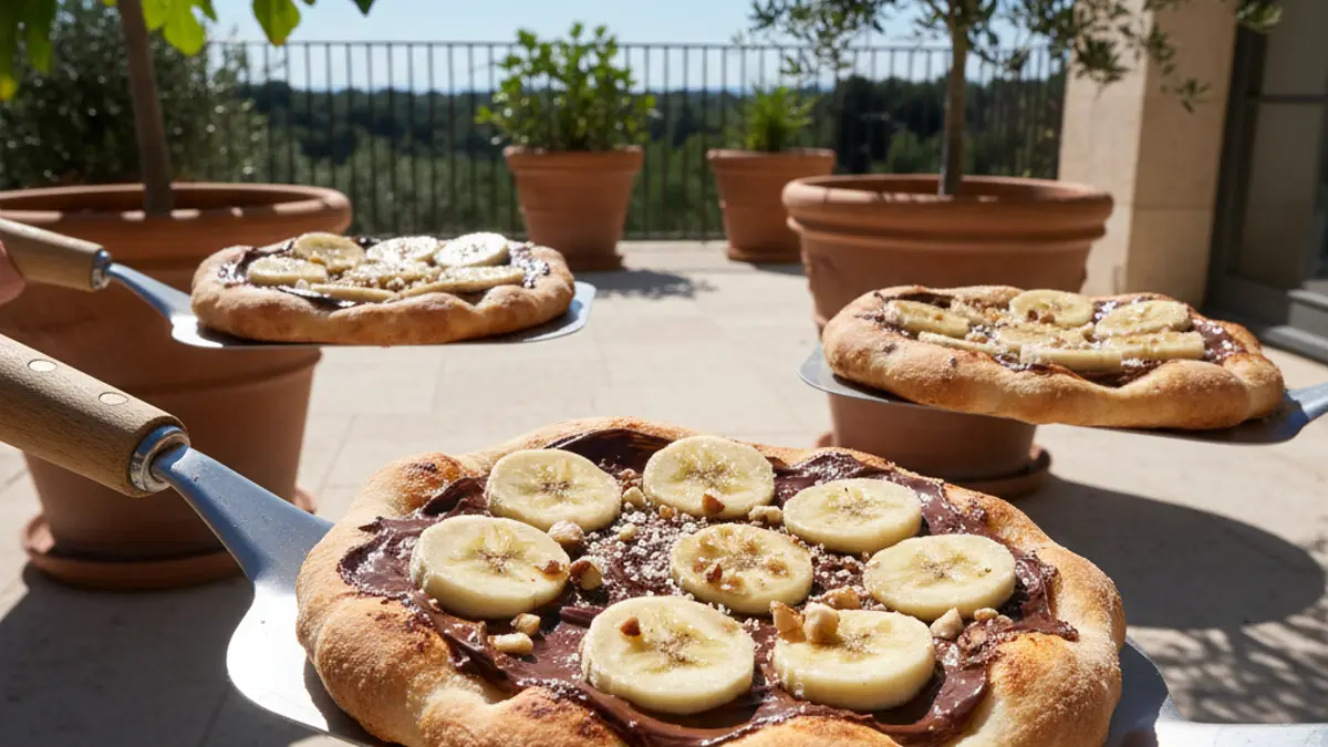 Zoete minipizza's met chocoladepasta en banaan op bakspatels