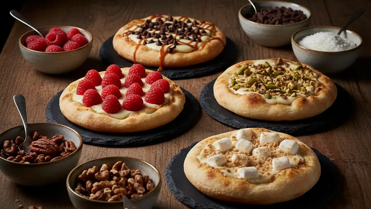Schaaltjes met zoete pizza toppings zoals fruit en noten op tafel