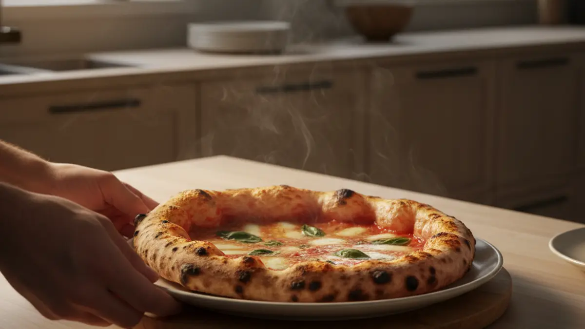 Napolitaanse pizza met luchtige opstaande rand en donkere spikkels