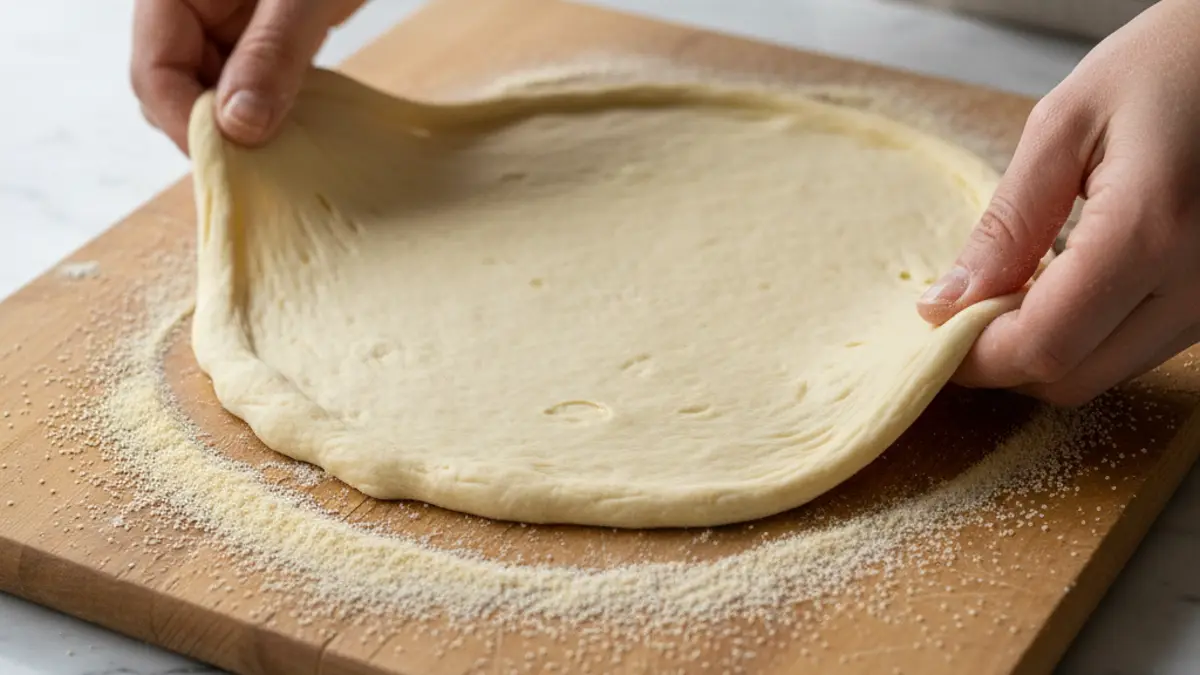 Handmatig uitdrukken van pizzadeeg met semola op het werkblad
