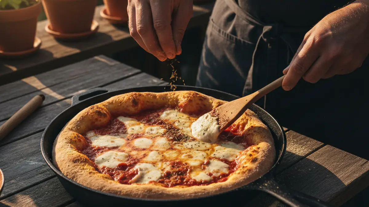 Pan pizza bakt in een gietijzeren koekenpan