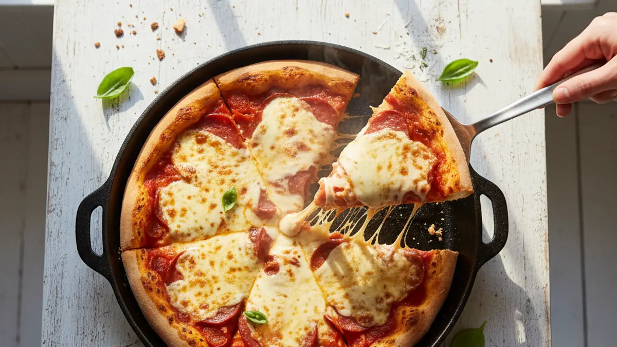 Gesneden pan pizza met gesmolten kaas in koekenpan