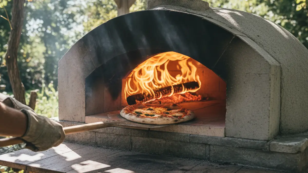 Pizza bakt op een gloeiend hete stenen vloer in een pizzaoven