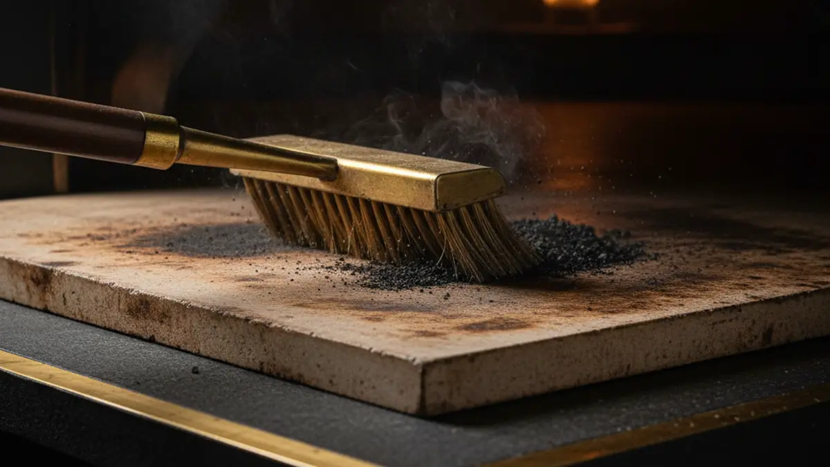 Ovenborstel veegt as en meelresten weg van de hete pizzasteen