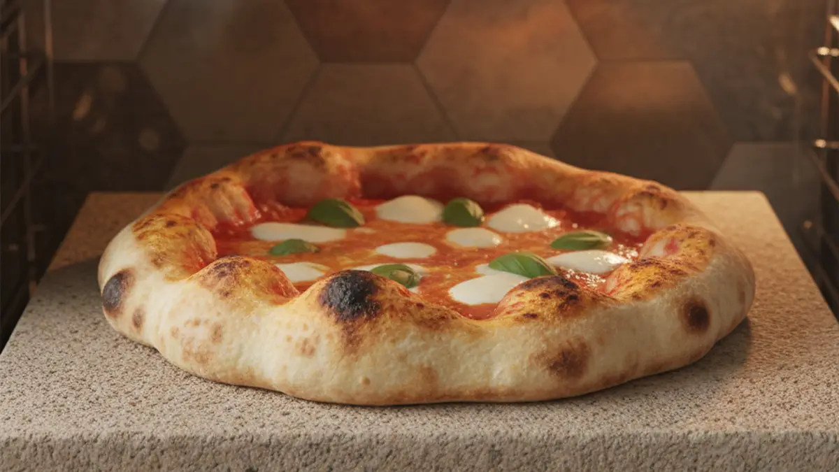 Pizza bakt op een pizzasteen op de onderste richel in de oven