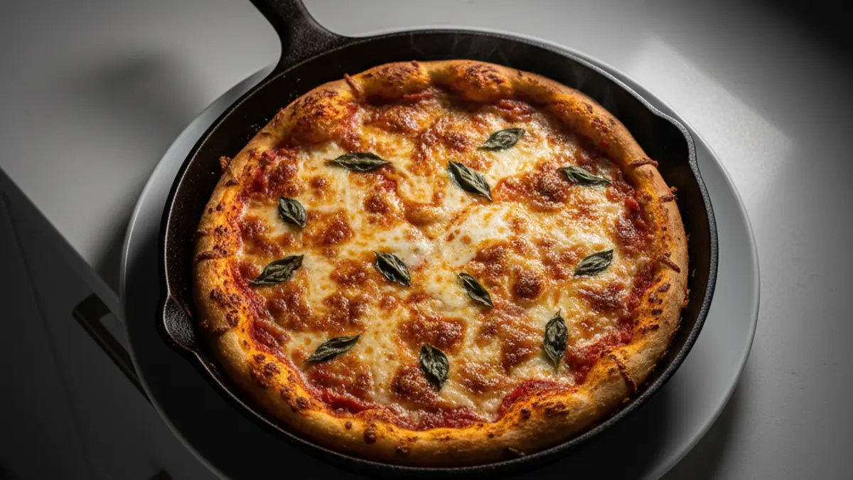 Pizza bakken in een gietijzeren skillet onder de grill