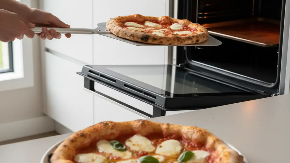Pizza die vanaf een pizzaschep op een heet bakstaal in de oven geschoven wordt