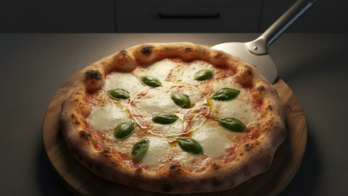 Versgebakken pizza met knapperige korst en gesmolten mozzarella op een houten plank