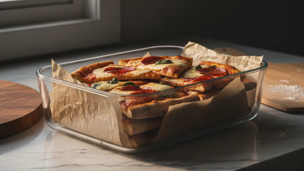 Gebakken pizzapunten netjes bewaard in een glazen vershouddoos met bakpapier