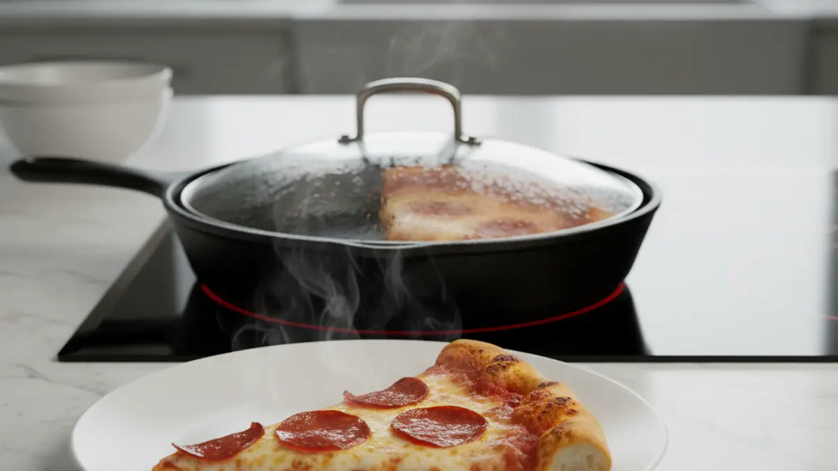 Pizzapunt opwarmen in een droge gietijzeren pan met deksel