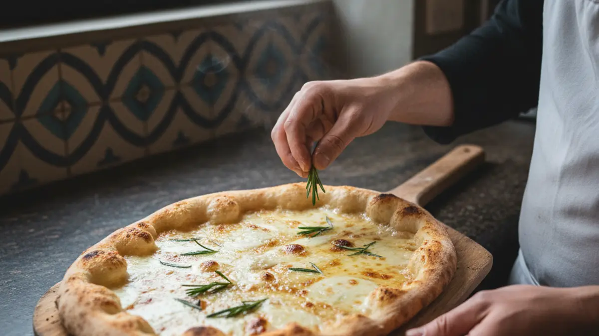 Krokant gebakken pizza bianca met gesmolten kaas en rozemarijn