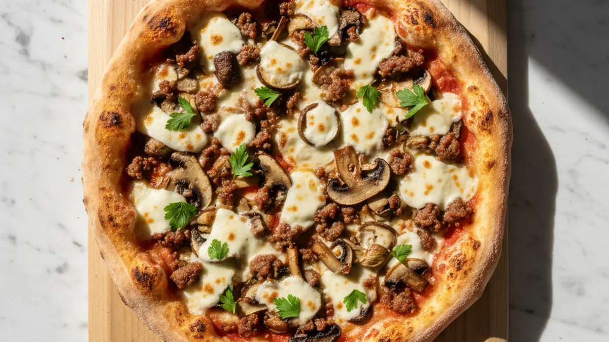 Versgebakken pizza boscaiola met gesmolten kaas, paddenstoelen en worst op een houten serveerplank