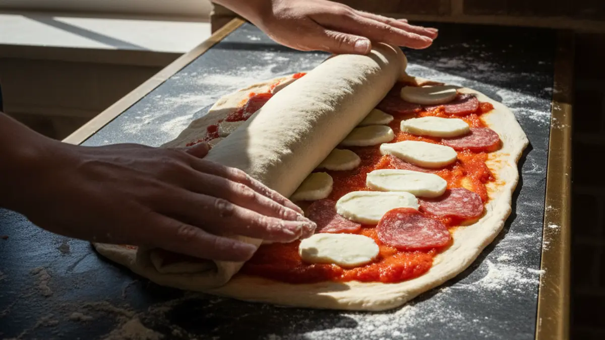 Oprollen van gevuld deeg voor pizzabroodjes