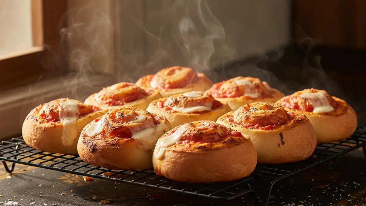 Versgebakken pizzabroodjes op een afkoelrooster