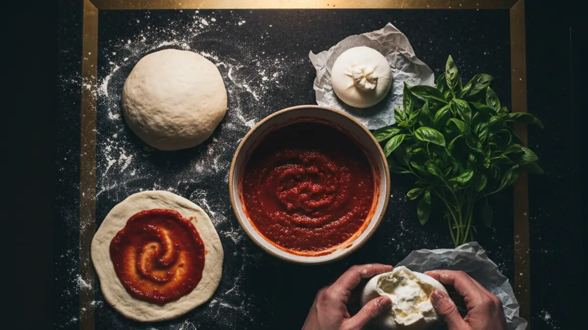 Ingrediënten voor pizza met verse burrata op het aanrecht
