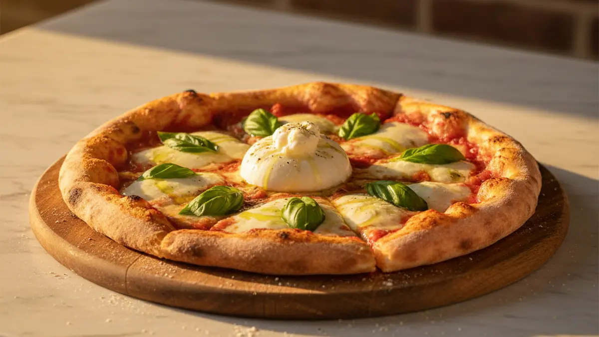 Gesneden pizza met uitgelopen burrata en verse basilicum