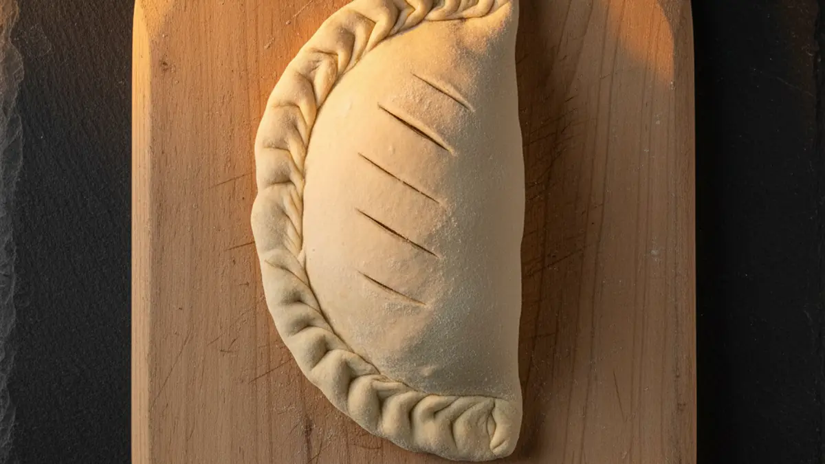 Rauwe dubbelgevouwen calzone pizza met ingekerfde bovenkant op houten schep