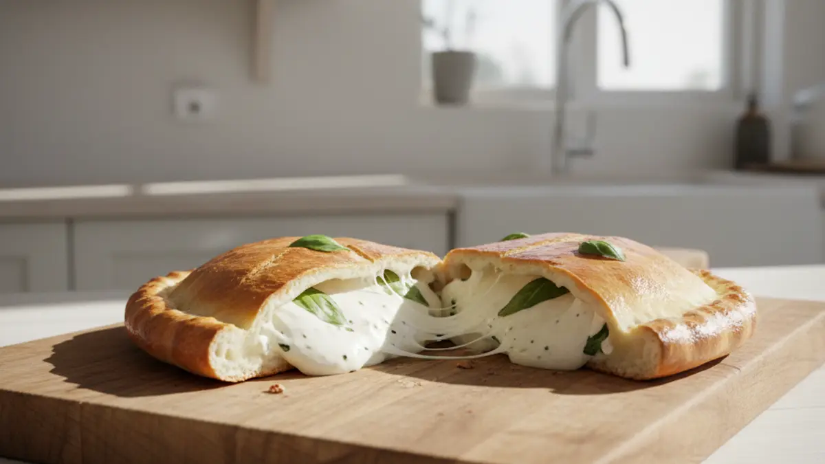 Doorgesneden gebakken calzone met dampende vulling van mozzarella en ricotta
