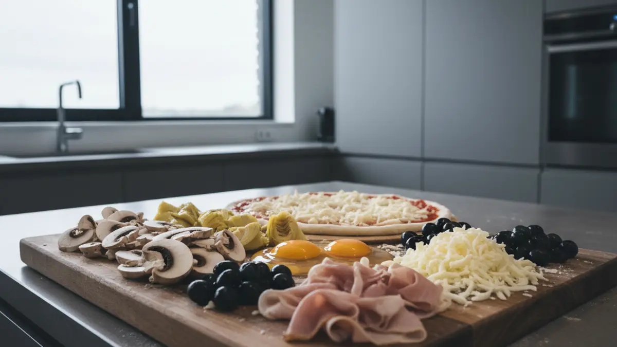 Ingrediënten voorbereid op een houten werkblad voor pizza capricciosa