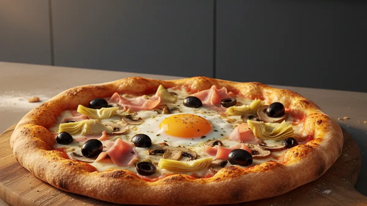 Gebakken pizza capricciosa met een zacht ei in het midden