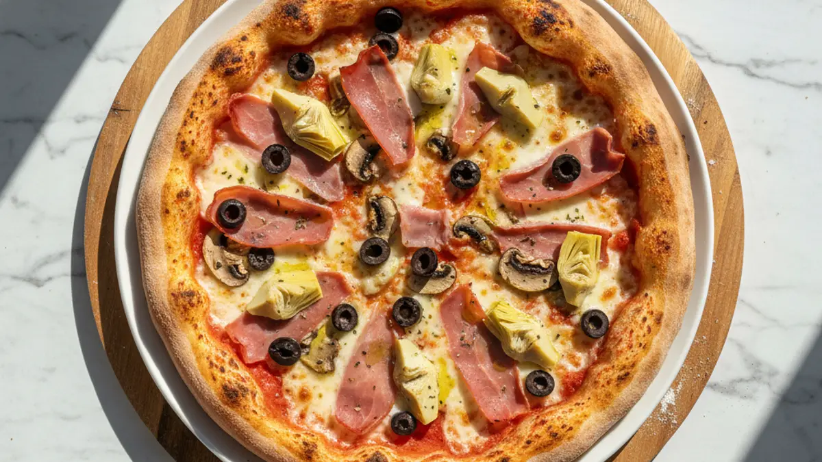Versgebakken pizza capricciosa met gesmolten mozzarella, ham en artisjokken