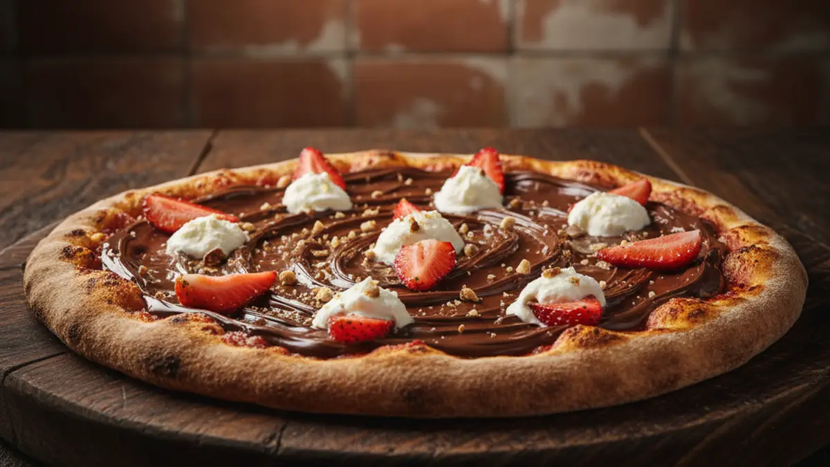 Dessertpizza met chocoladehazelnootpasta, mascarpone en verse aardbeien