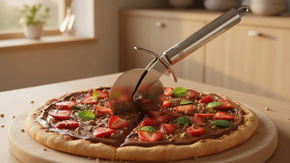 Aansnijden van een dessert pizza met een pizzasnijder