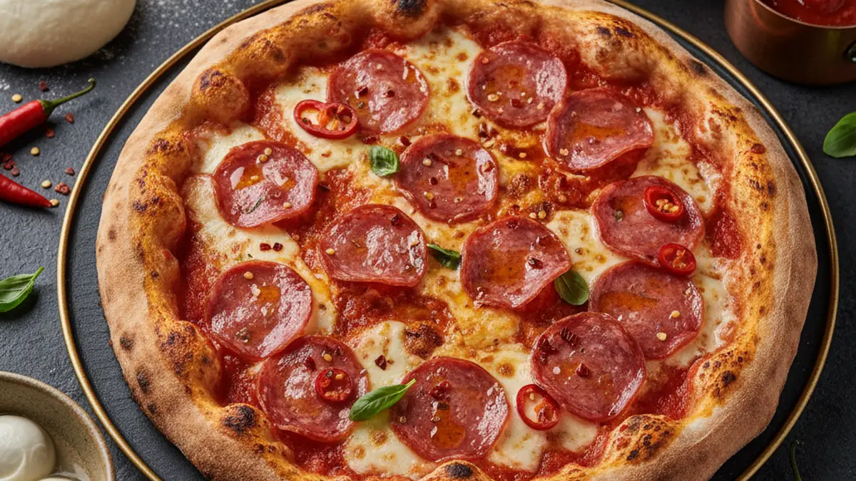 Ingrediënten voor pizza diavola op een werkblad