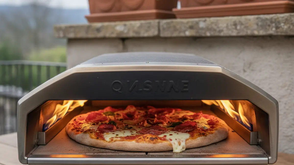 Pizza diavola die bakt in een hete pizzaoven