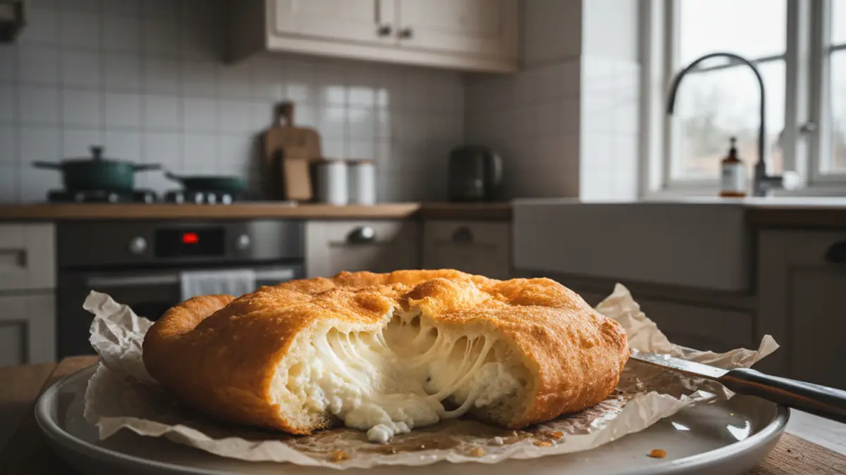 Goudbruin gefrituurde pizza fritta met gesmolten kaasvulling